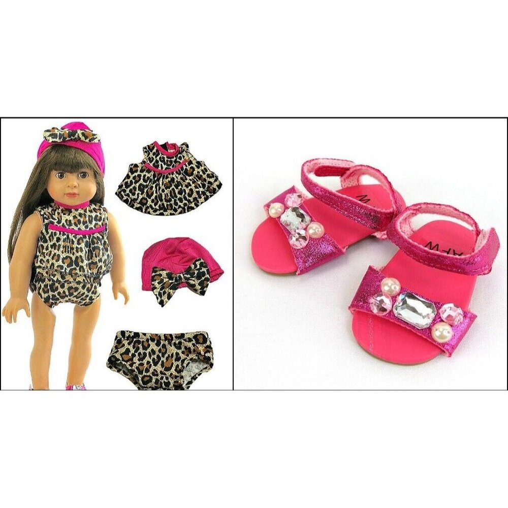 18" DOLL 4-PC LEOPARD Animal PRINT SWIM Bathing SUIT Sandals Beach Pool OUTFIT